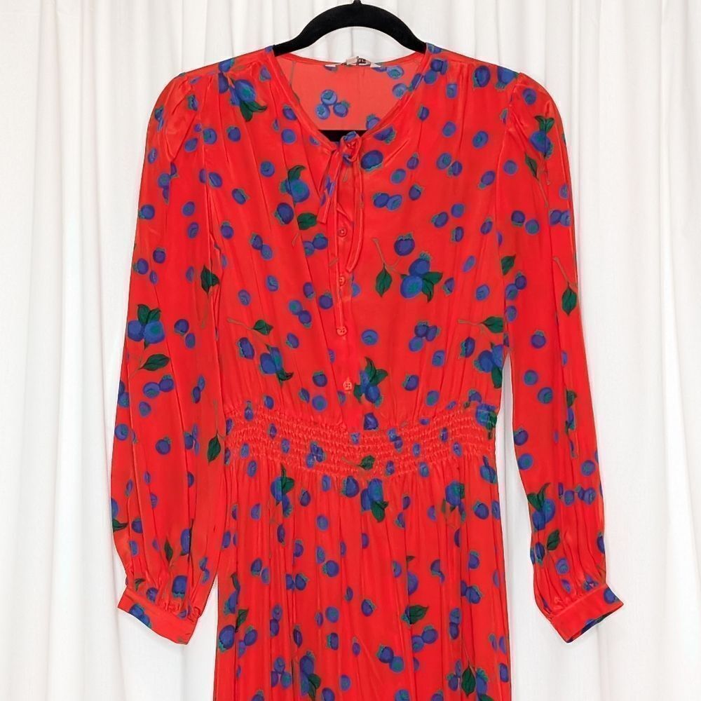 Tucker NYC Juliette Dress Crimson Blueberries in Crepe de Chine Silk Midi